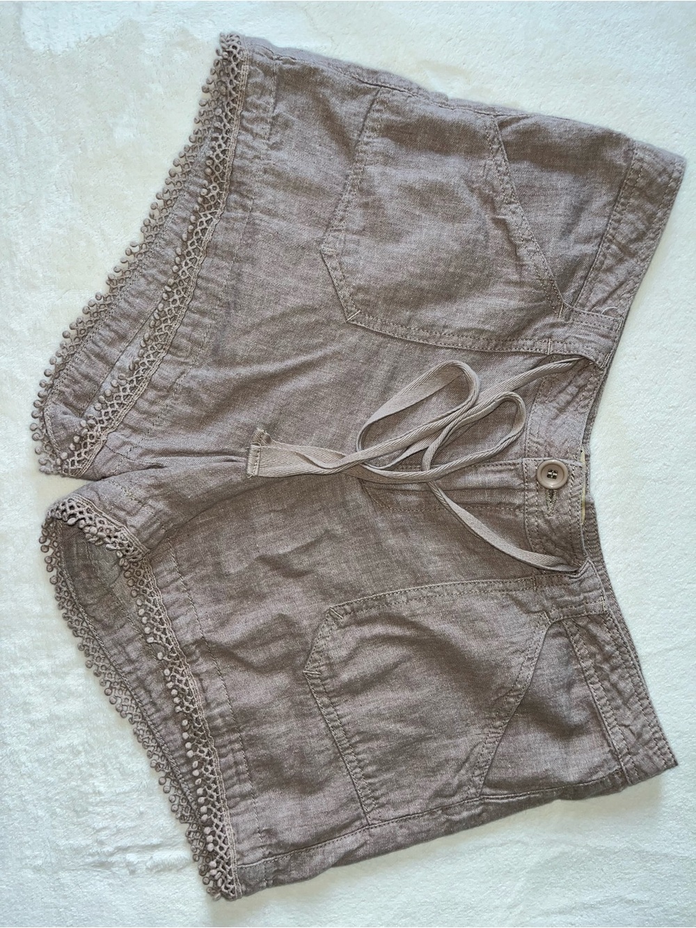 Democracy Crochet-Trim High Waist Shorts — Taupe